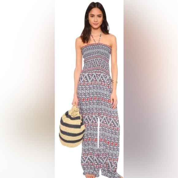 NWT Troy Burch Poppy Acoma Smocked Strapless Halter Jumpsuit